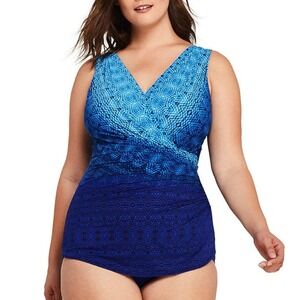 Lands' End Blue One Piece Swimsuit Slendersuit Women's Wrap Front Plus Size 18W